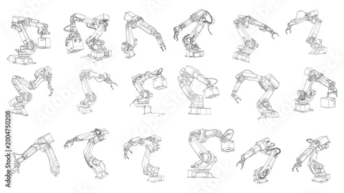 Industrial Robotic Arm Technical Drawing and Mechanical Engineering Automation Line Art Illustration Set