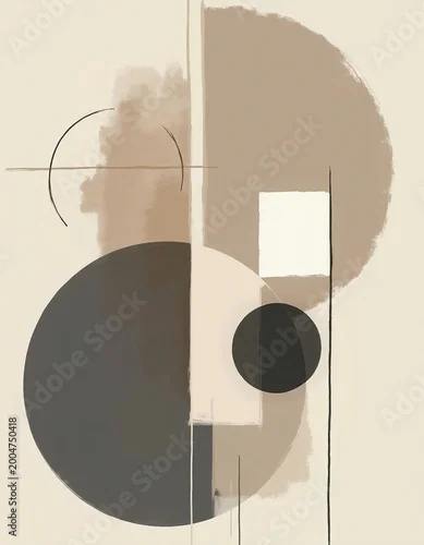 Panel kuchenny z motywem Abstract composition with geometric shapes in neutral earth tones. Circles squares and lines create modern minimalist art. Organic textures add warmth and balance.