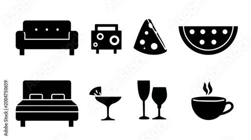 Black silhouette icons of household items, food, beverages, and furniture on white background. Vector set.