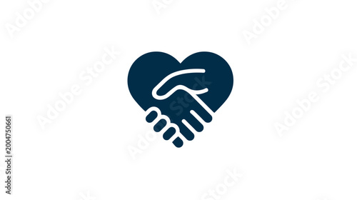 Heart symbol with shaking hands icon, representing partnership, agreement, trust, collaboration, love, support, and community bond.