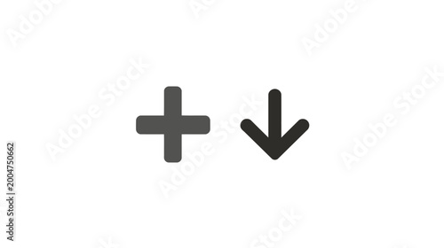 Simple grey add and download icons on white background. Plus symbol and arrow graphic elements for user interface design.