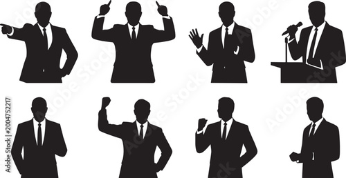 set of business man leader silhouette giving speech gestures icon set