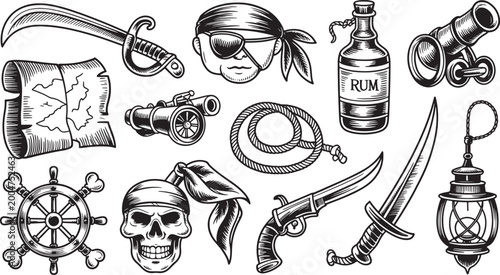 set of pirate symbols and objects on white background