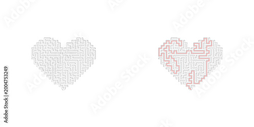 Abstract heart shapes made with red and white circuit lines with copy space