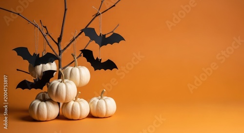 Halloween still life white pumpkins and bats on branches
