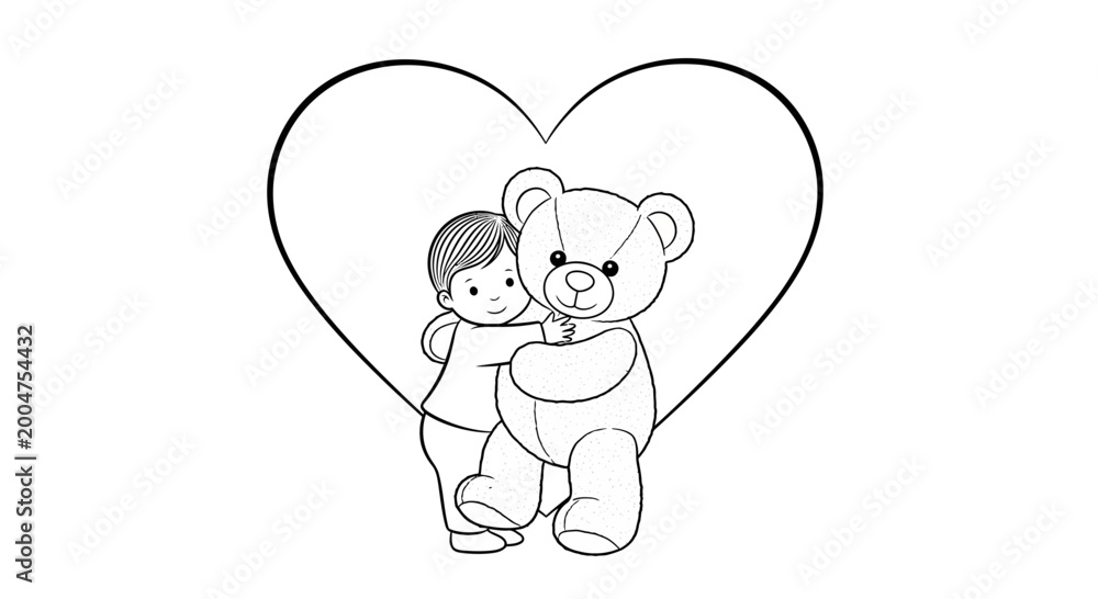 Fototapeta premium A cute coloring page featuring a young child hugging a teddy bear with a large heart background.