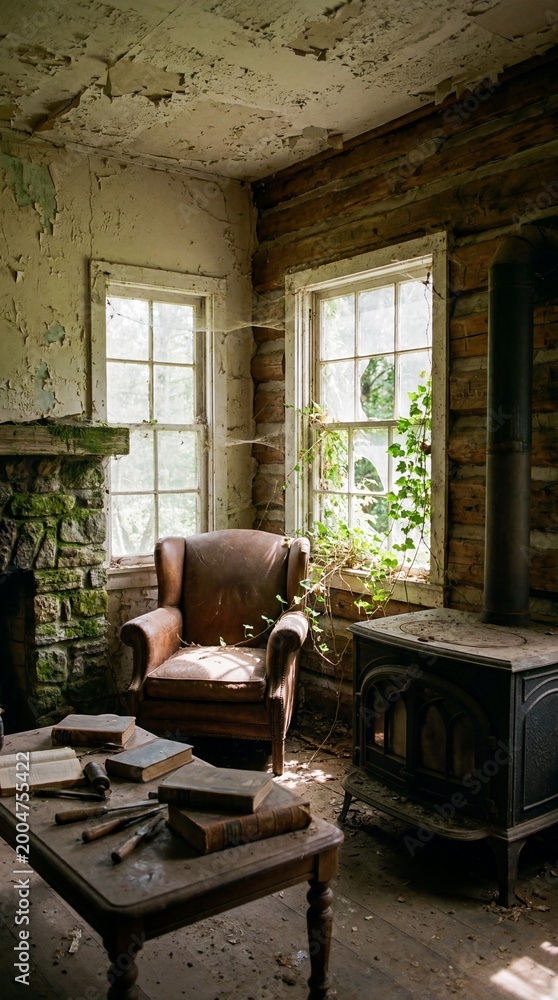 Naklejka premium A captivating glimpse into a decaying cabin's interior, featuring an antique armchair, old books and stove, evoking a sense of history and forgotten beauty.