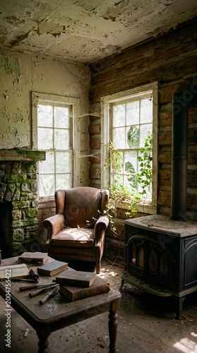 A captivating glimpse into a decaying cabin's interior, featuring an antique armchair, old books and stove, evoking a sense of history and forgotten beauty.