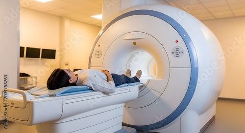 Female patient lying on a table for an MRI scan in a hospital. Magnetic resonance imaging machine for medical diagnosis. Advanced radiology equipment in a modern clinic
