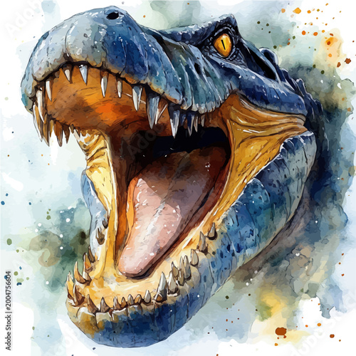 Sarcosuchus, illustration watercolor with dynamic strokes and balanced color harmony, isolated on a white background.