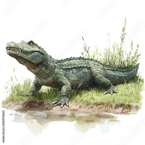 Sarcosuchus, refined watercolor illustration with luminous tones and soft layered brushwork, isolated on a white background.