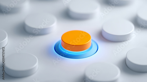 3D illustration of orange button on white surface.