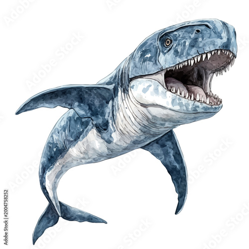 Foto Mosasaurus, refined watercolor illustration with luminous tones and soft layered brushwork, isolated on a white background