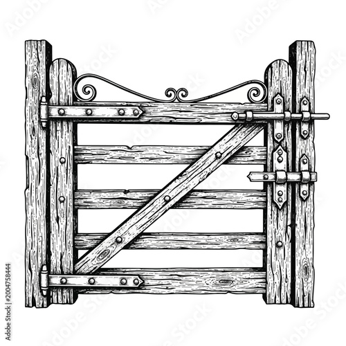 Old wooden gate with metal hardware.