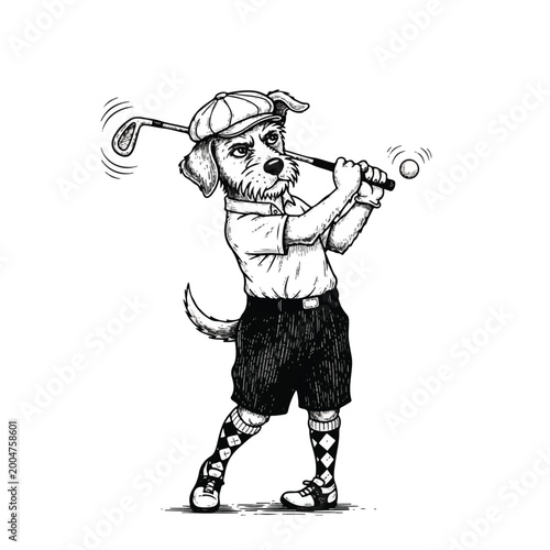 Dog Playing Golf Swinging Club.