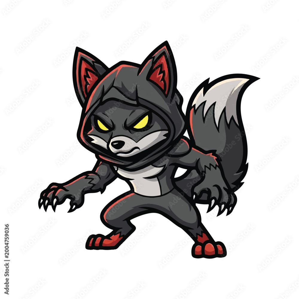 Fototapeta premium Cartoon wolf in hooded outfit standing.