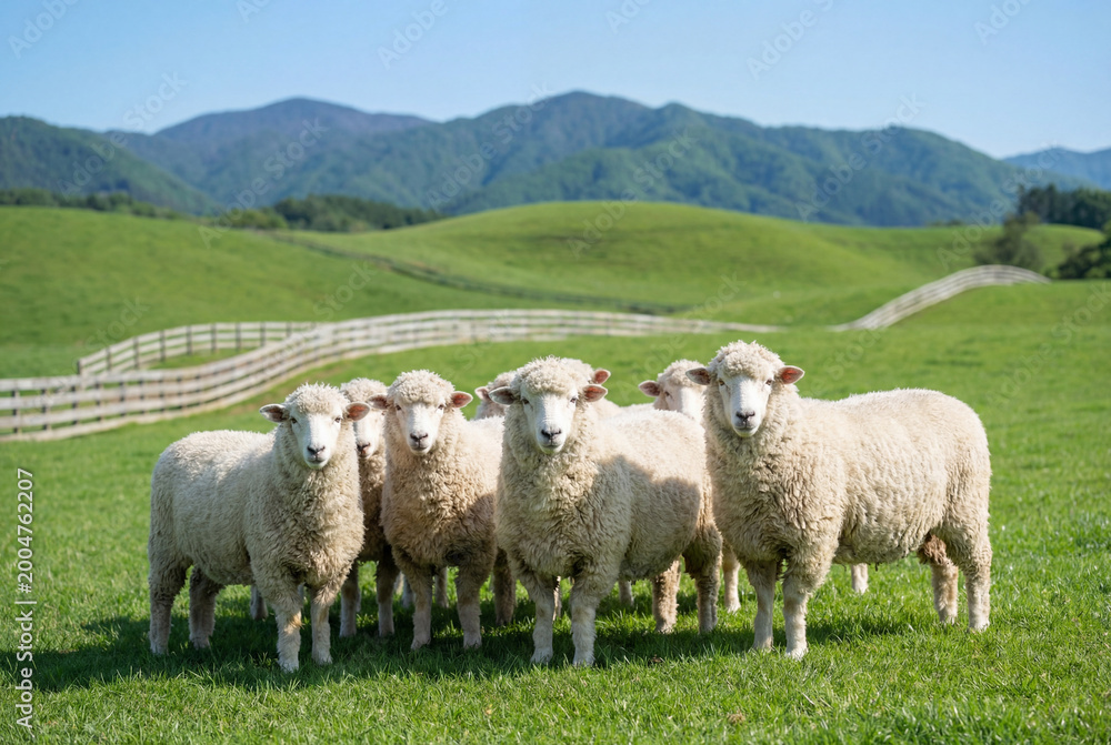 Fototapeta premium Flock of white sheep grazing in a green pasture on a sunny day