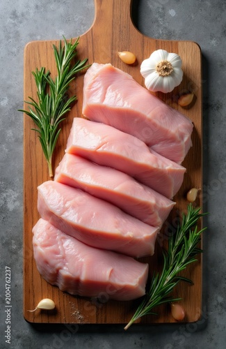 Raw turkey breast slices are arranged on a wooden cutting board. Fresh rosemary sprigs and garlic cloves accompany the poultry fillets. Top view shows uncooked turkey meat ready for cooking.
