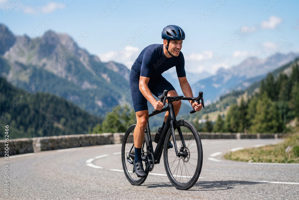 Fototapeta premium Male cyclist riding road bike on scenic mountain road