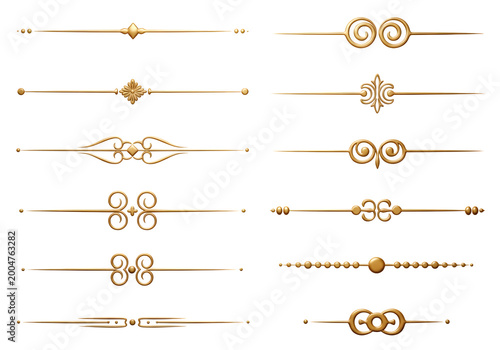 Golden decorative dividers, ornate design elements, luxury graphics, metallic separators, elegant flourishes isolated on White Background