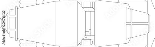 Foto Technical engineering drawing of a truck tractor unit showing top plan view with cab, chassis, and wheel axles in CAD style