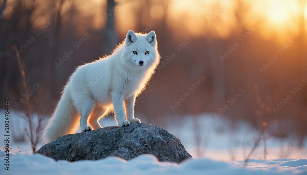 Naklejka premium White arctic fox stands on rock in snow. Golden sunset light illuminates animal fur. Fox looks at camera in wild winter nature. Snowdrift surrounds the fox.