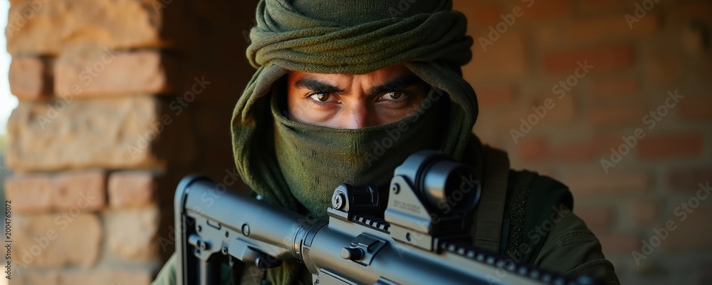 Fototapeta premium Man wears green keffiyeh headwrap and face covering. He holds assault rifle with optical sight. Brick wall background. Intense eyes stare forward.