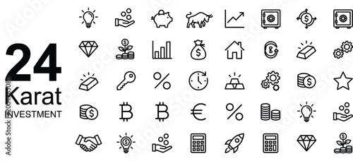 Tableau sur toile 24 karat gold jewelry and finance icons collection flat design vector illustrati