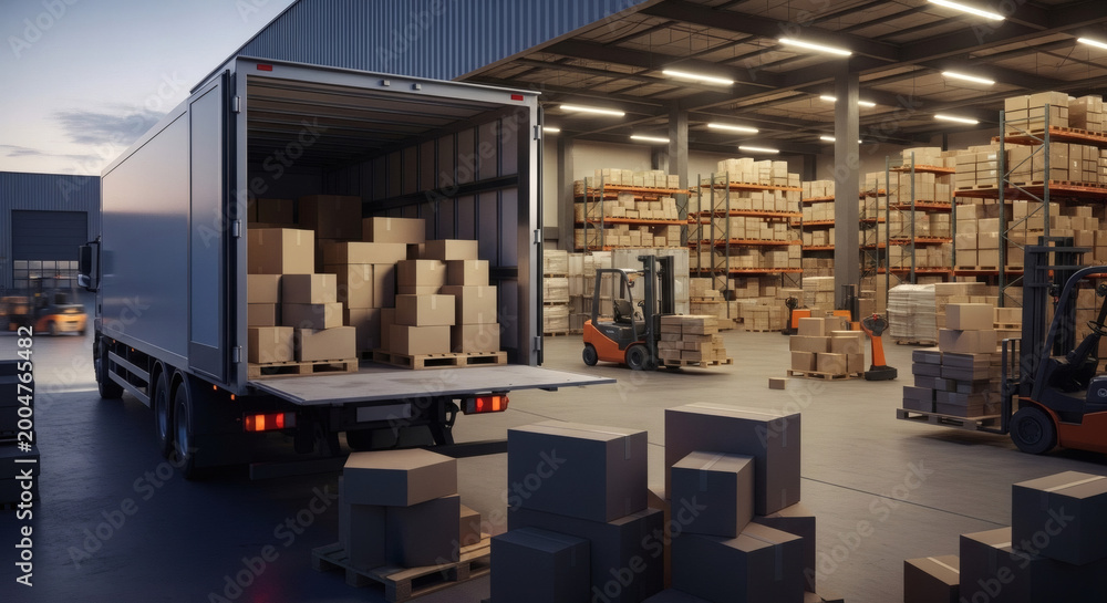 Naklejka premium Large semi truck being loaded with stacked cardboard boxes onto pallets inside a brightly lit industrial warehouse facility during twilight hours