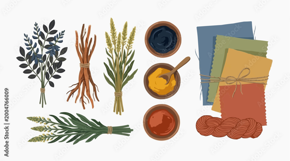 Obraz premium A detailed illustration depicting the components and techniques of natural dye-making, showcasing the beauty of the botanical world and the artistry of the process.