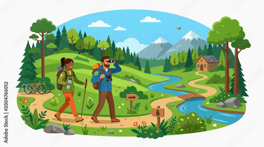 Fototapeta premium A couple walking along a scenic trail, enjoying the nature and the stunning mountain views.