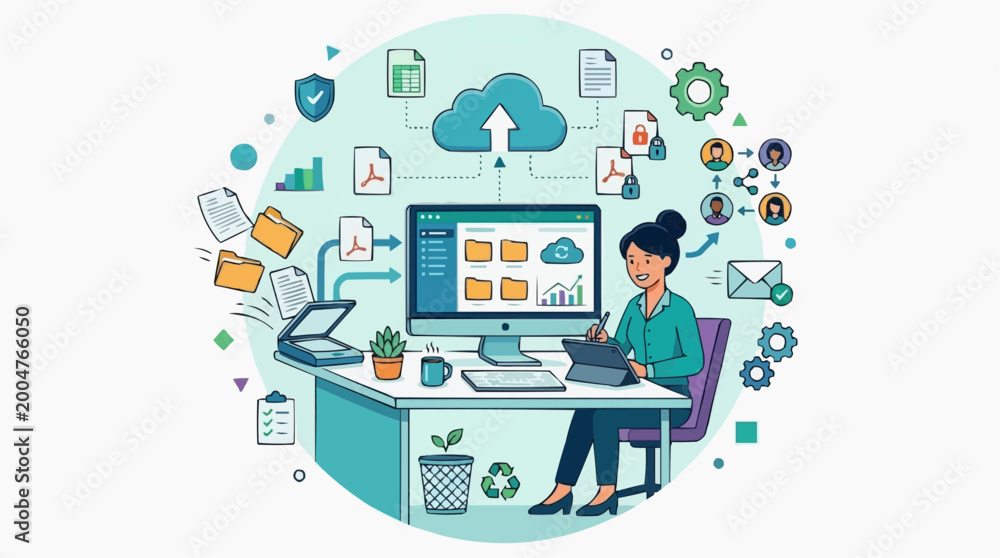 Fototapeta premium A vibrant illustration showcasing a woman expertly managing documents and data within a cloud-based digital workspace.