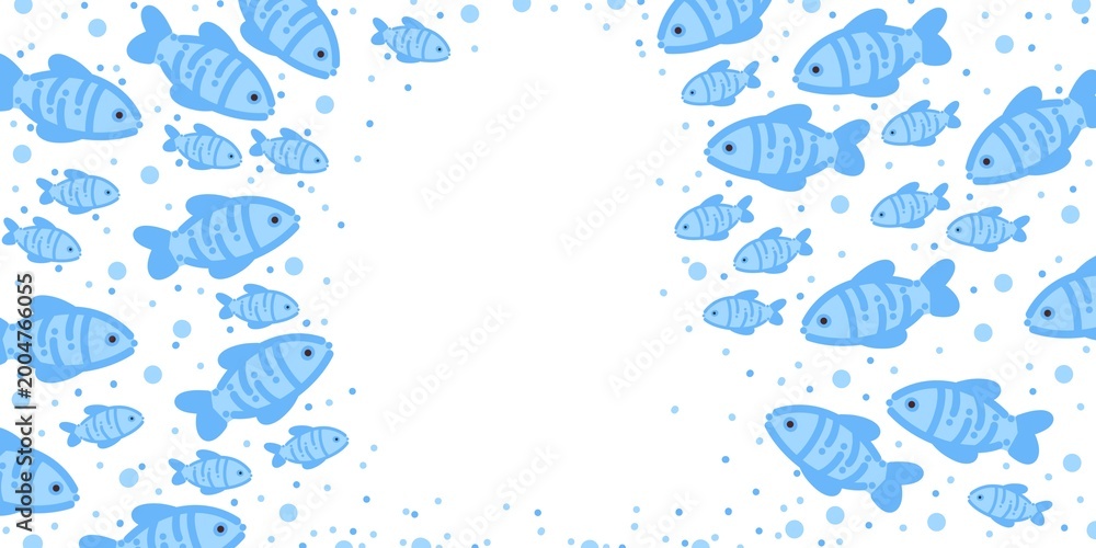 Fototapeta premium Fish School Side Border Frame Wide Horizontal White Background Blue Bubbles