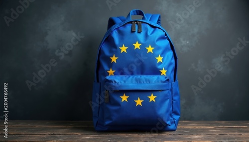 Blue backpack with European Union flag symbols. Functional bag for student travel and education. Modern accessory for trips across the continent.
