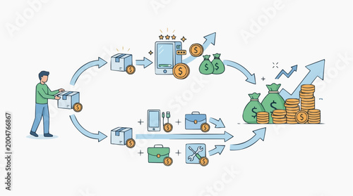 An illustrated circular workflow depicts the process of buying and selling and money-making with a human figure in a flat design.