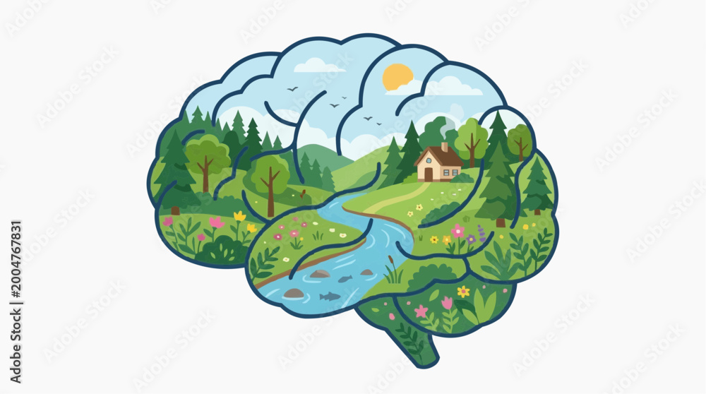 Fototapeta premium A conceptual illustration visualizes the intricate connection between the mind and the beauty of nature, depicting the landscape within a human brain.