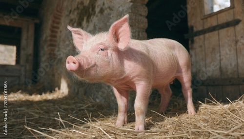 Pink pig in a warm farm environment