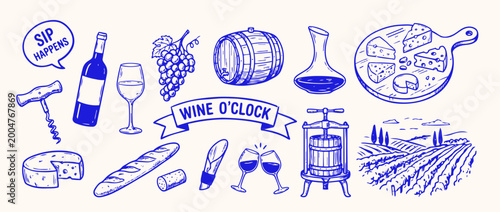 Wine Time Collection: Delightful collection of hand-drawn illustrations and doodles celebrating the joy of wine, featuring a bottle, glass, grapes, barrel, decanter, cheese board, corkscrew, baguette.