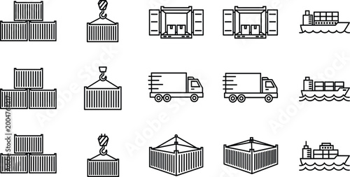 Canvastavla A professional set of line-art icons covering various aspects of cargo transportation and supply chain logistics