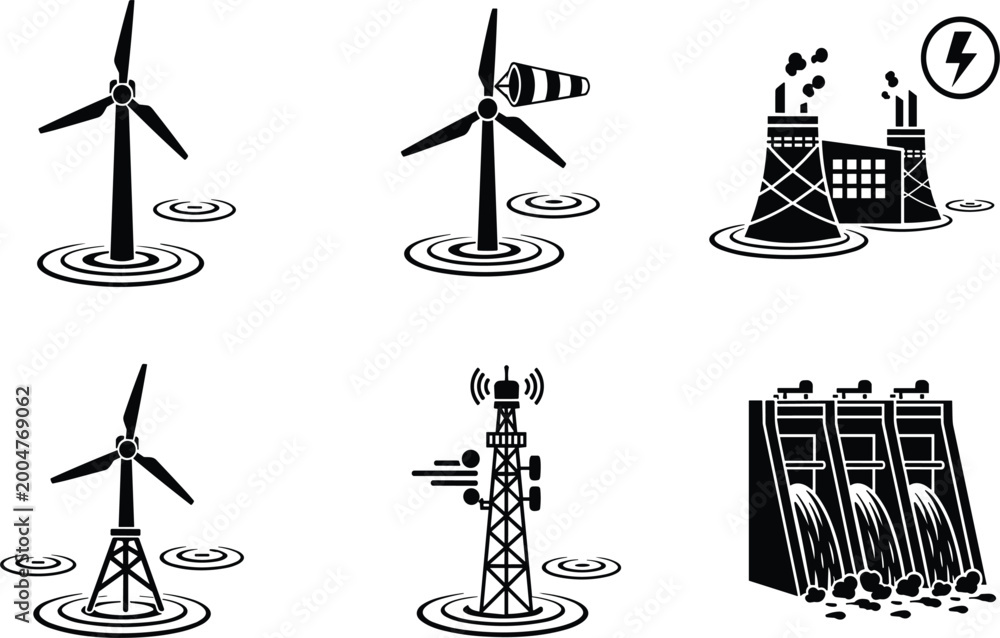 Fototapeta premium Industrial Power Generation and Renewable Energy Icon Set Featuring Offshore Wind Turbines, Hydroelectric Dams, Nuclear Power Plants, and Telecommunication Towers