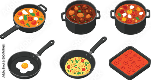 Isometric Cookware and Prepared Meals Collection Featuring Skillets with Fried Eggs, Stew Pots, and Vegetable Stir-Fry Illustrations