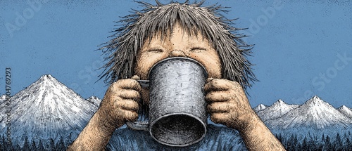 Geometric minimal illustration of a gap-toothed boy sipping water from a tin cup on a mountain hike under steely overcast blue-grey light, rendered in sharp slate and charcoal blocks