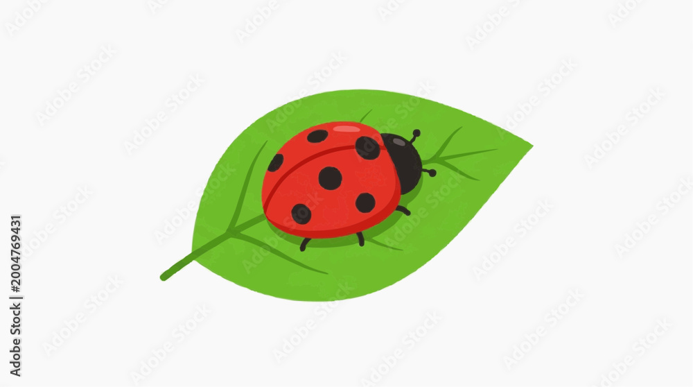 Naklejka premium A cheerful ladybug, adorned with its characteristic red shell and black spots, rests gently upon a vibrant green leaf, creating a simple, yet eye-catching illustration. 
