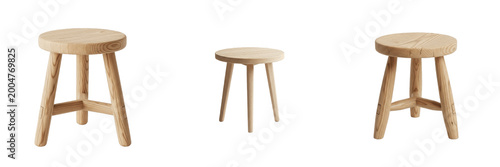 Fotografie Set of Simple Three Legged Wooden Round Stool Isolated on White Background, PNG