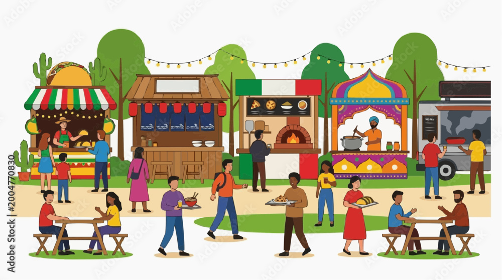 Fototapeta premium A lively outdoor food market offers various culinary delights from across the globe, inviting everyone to taste the flavors, embracing the global food scene.