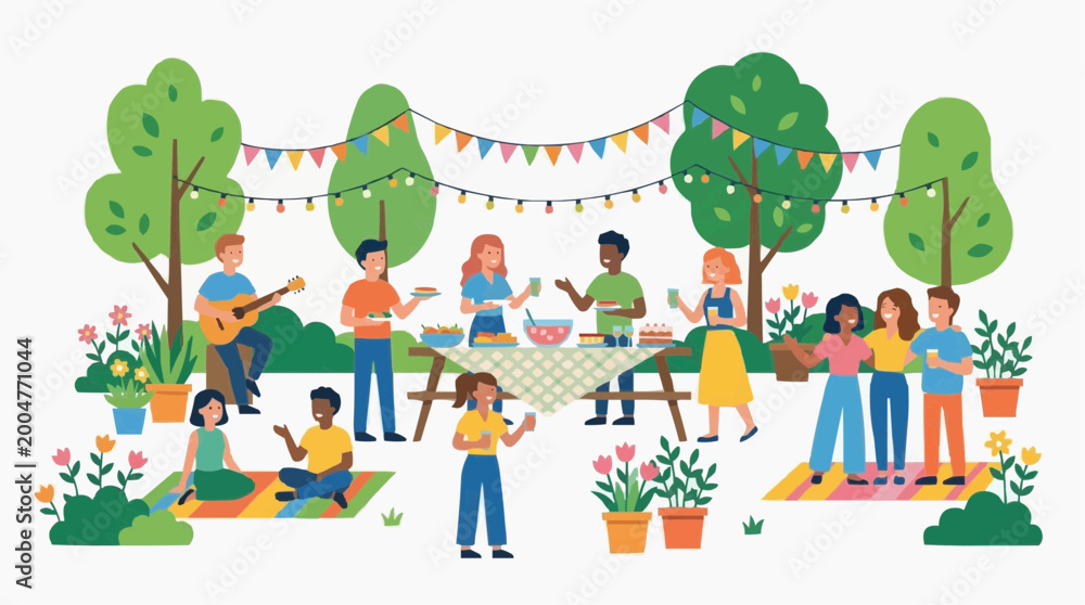Fototapeta premium A festive gathering under the open sky, a tapestry of joy and connection where music, friendship, and shared delights fill the air. A celebration of togetherness that's heartwarming.