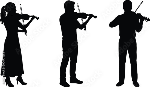 Bild auf Leinwand Professional black silhouettes of male and female violinists playing classical m