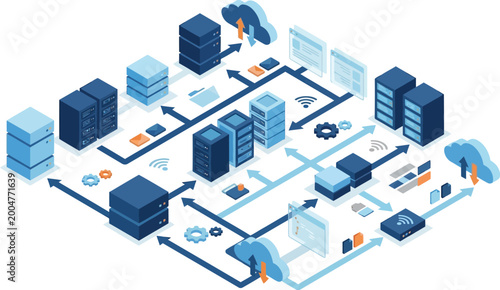 Data servers and cloud computing systems connect in this isometric technical diagram.