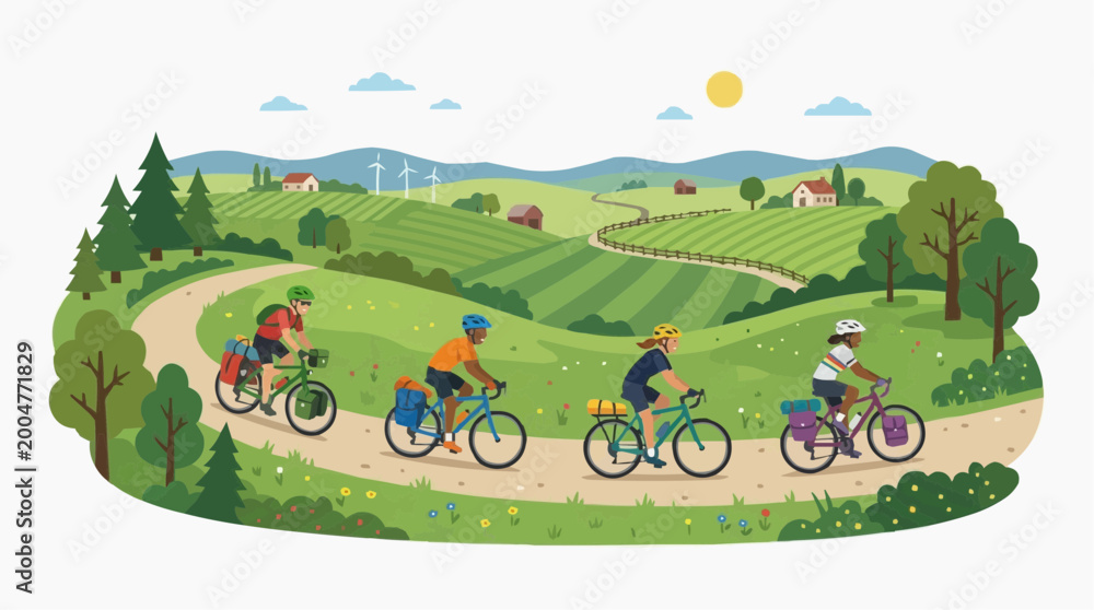 Naklejka premium A vibrant illustration captures the essence of a cycling trip, where cyclists gracefully navigate scenic trails and rolling hills, embracing the joy of outdoor adventure and community.