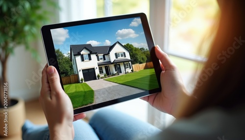 Person holds tablet showing modern house exterior. User browses real estate listings online. Digital search for residential property with garden and architecture.